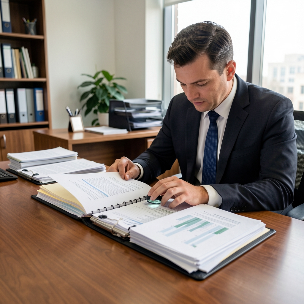 Auditor revisando carpetas de documentos financieros con una lupa sobre una mesa de madera en una oficina