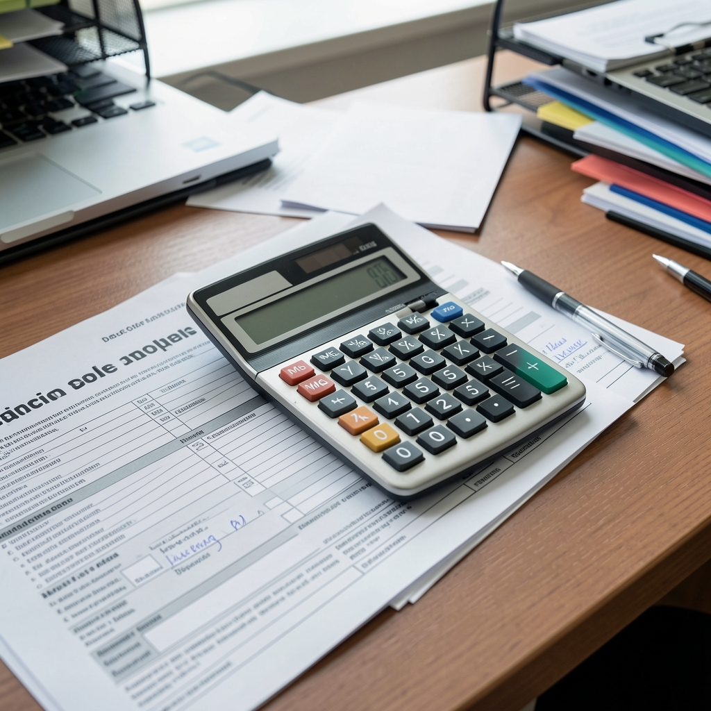 Calculadora, formularios de declaración de impuestos y bolígrafo sobre un escritorio de oficina contable