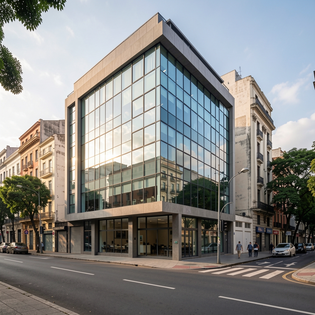 Fachada de un edificio de oficinas moderno sobre la avenida Corrientes en Buenos Aires con grandes ventanales