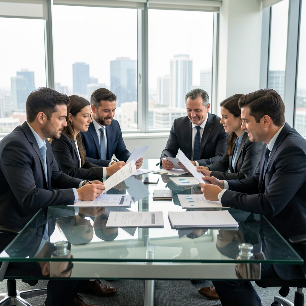 Equipo de profesionales contables reunidos alrededor de una mesa de vidrio analizando documentos financieros en una oficina corporativa