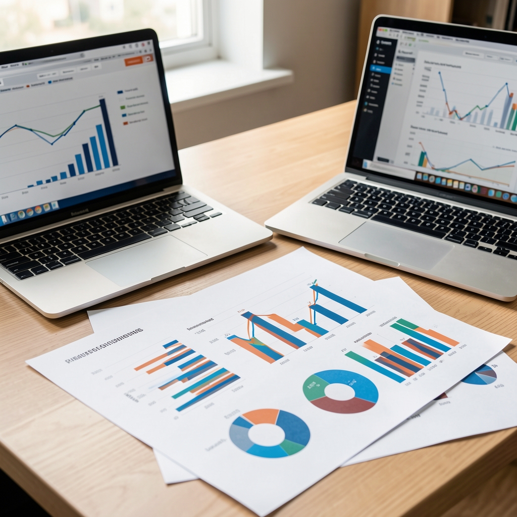 Primer plano de gráficos de barras y líneas financieras impresos sobre una mesa de reuniones junto a una calculadora y una taza de café