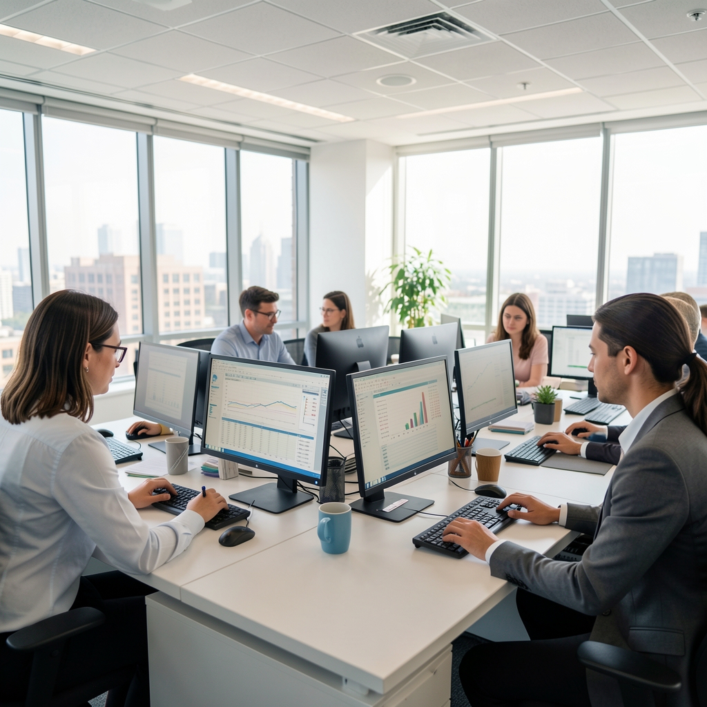 Vista de un moderno estudio contable con analistas revisando informes financieros en pantallas de computadora en una oficina luminosa de Buenos Aires