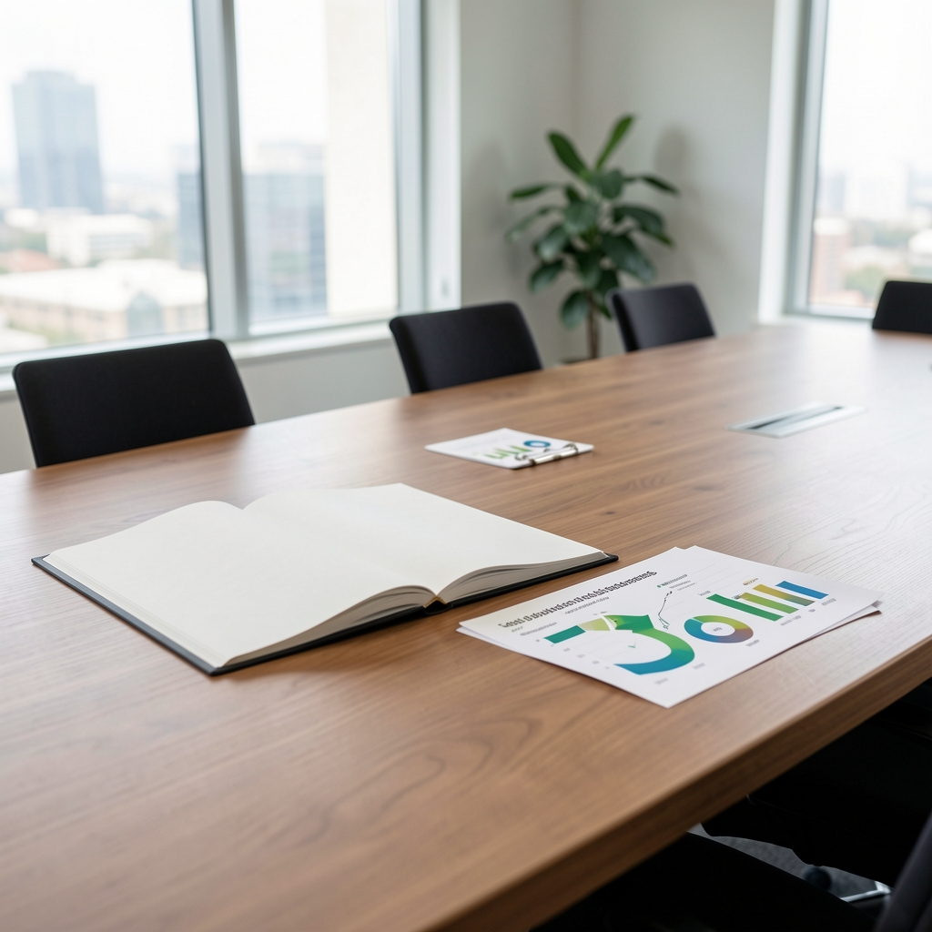 Informe de sostenibilidad corporativa abierto sobre una mesa junto a un gráfico de energía renovable impreso