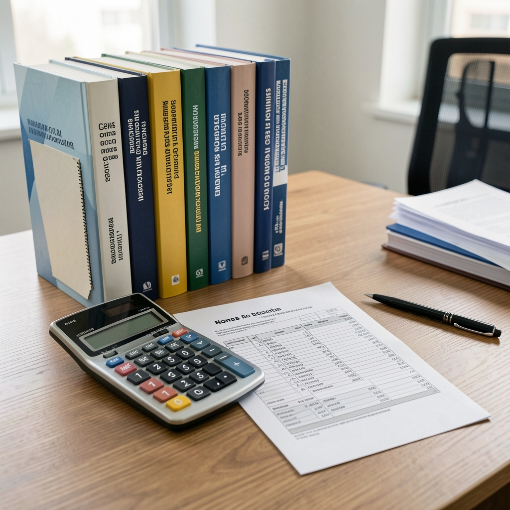 Escritorio de oficina con libros de normas contables argentinas, una calculadora y hojas de balance impresas