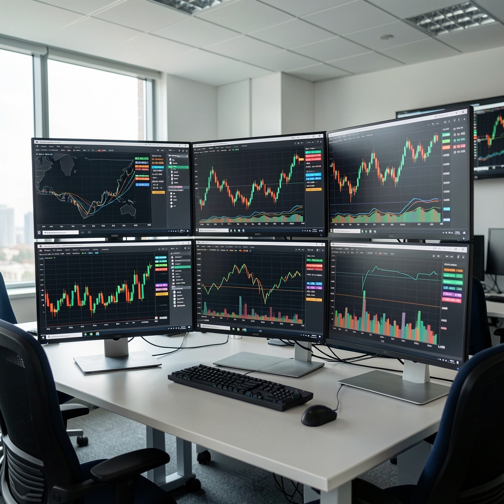 Panel de monitores con gráficos financieros coloridos en una sala de control analítico