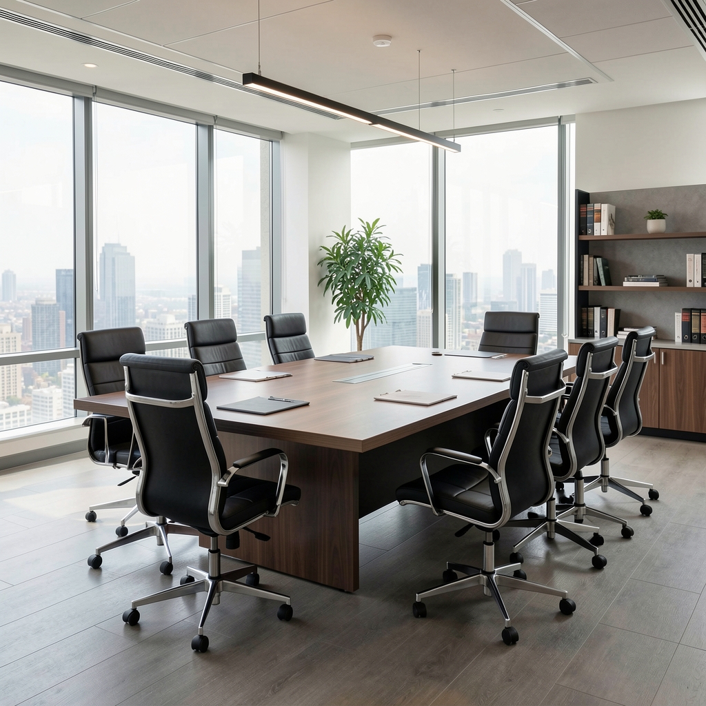 Sala de directorio con mesa de reuniones ejecutiva y sillas ordenadas en una oficina corporativa moderna